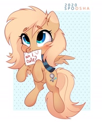 Size: 1700x2028 | Tagged: safe, artist:spoosha, oc, oc only, pegasus, pony, chest fluff, clothes, female, mare, mouth hold, scarf, sign, simple background, smiling, spread wings, wings