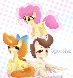 Size: 2033x2160 | Tagged: safe, artist:spoosha, li'l cheese, pound cake, pumpkin cake, earth pony, pegasus, pony, the last problem, bow, chest fluff, female, hair bow, levitation, looking up, lying down, magic, male, mare, older li'l cheese, older pound cake, older pumpkin cake, open mouth, open smile, prone, raised hoof, raised leg, simple background, sitting, smiling, spread wings, stallion, telekinesis, wings