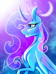 Size: 2048x2732 | Tagged: safe, artist:anekomori, derpibooru import, princess luna, alicorn, pony, blue eyes, blue mane, crepuscular rays, crescent moon, curved horn, digital art, ethereal mane, eyelashes, feather, female, flowing mane, folded wings, glowing, horn, mare, moon, moonlight, night, signature, sketch, sky, solo, sparkles, starry mane, stars, wings