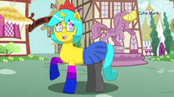 Size: 4160x2336 | Tagged: safe, artist:raymanhortse, derpibooru import, oc, oc only, oc:lil lemon, pony, unicorn, bisexual pride flag, clothes, crossdressing, femboy, looking at you, male, newbie artist training grounds, pride, pride flag, skirt, solo, stallion, stockings, thigh highs