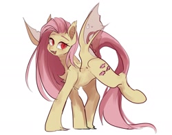 Size: 2048x1609 | Tagged: safe, artist:anzhi64098003, derpibooru import, fluttershy, bat pony, pony, bat ponified, chest fluff, fangs, female, flutterbat, looking at you, mare, open mouth, open smile, race swap, raised hoof, raised leg, red eyes, side view, simple background, slit eyes, smiling, smiling at you, solo, unshorn fetlocks, white background