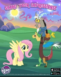 Size: 827x1027 | Tagged: safe, derpibooru import, discord, fluttershy, draconequus, pegasus, pony, to where and back again, 2022, apple, apple (company), backpack, bag, clothes, duo, female, food, gameloft, google, hasbro, japanese, male, mare, moon, motivational, my little pony logo, play store, scarf, sun, video game