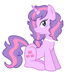 Size: 1465x1619 | Tagged: safe, artist:horsyca, derpibooru import, oc, oc only, pony, unicorn, cake, collar, female, food, horn, jewelry, looking at you, mare, necklace, neutral, pink hair, ponysona, purple coat, purple eyes, purple hair, shy, simple background, sitting, solo, stoic, transparent background, unicorn oc