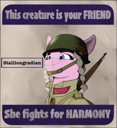 Size: 4208x4599 | Tagged: artist needed, safe, derpibooru exclusive, derpibooru import, earth pony, pony, equestria at war mod, absurd resolution, cyrillic, eyebrows, mosin nagant, poster, poster parody, russian, smiling, solo, stalliongrad