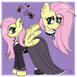 Size: 2000x2000 | Tagged: safe, artist:yoshiyoshi700, derpibooru import, fluttershy, butterfly, pegasus, pony, fake it 'til you make it, abstract background, clothes, collar, dress, ear piercing, eyeshadow, female, fluttergoth, goth, heart, high res, makeup, mare, outline, piercing, solo, spread wings, white outline, wings