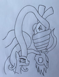 Size: 2076x2730 | Tagged: safe, artist:lunahazacookie, derpibooru import, mane-iac, oc, earth pony, pony, coils, duo, earth pony oc, female, lineart, male, mare, smiling, stallion, traditional art, wide eyes