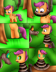 Size: 2029x2624 | Tagged: safe, artist:jerrydestrtoyer, derpibooru import, pegasus, pony, snake, coils, comic, female, filly, foal, hypno eyes, kaa, kaa eyes, male, outdoors