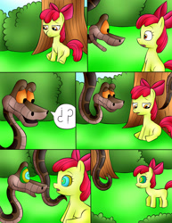 Size: 2142x2771 | Tagged: safe, artist:jerrydestrtoyer, derpibooru import, apple bloom, earth pony, pony, snake, bow, comic, female, filly, foal, hair bow, hypno eyes, kaa, kaa eyes, male, outdoors, sitting