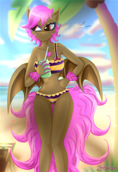 Size: 1500x2184 | Tagged: safe, artist:indigocat1, derpibooru import, oc, oc only, anthro, bat pony, bat pony oc, bat wings, beach, bedroom eyes, belly button, bikini, breasts, clothes, commission, digital art, female, hand on hip, holding, solo, swimsuit, tail, thighs, wide hips, wings