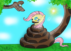 Size: 1170x836 | Tagged: safe, artist:kinipharian, derpibooru import, fluttershy, pegasus, pony, coils, duo, female, hypno eyes, kaa, kaa eyes, mare, outdoors, smiling