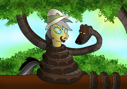 Size: 1156x811 | Tagged: safe, artist:kinipharian, derpibooru import, daring do, pegasus, pony, snake, bedroom eyes, coils, duo, eyelashes, female, hat, hypno eyes, kaa, kaa eyes, mare, outdoors, pith helmet