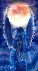 Size: 1200x2250 | Tagged: safe, artist:sadowwolfkact, derpibooru import, princess luna, alicorn, pony, blue eyes, blue mane, blue tail, cloud, crepuscular rays, digital art, ethereal mane, female, flowing mane, flowing tail, flying, hoof shoes, horn, looking at you, mare, moon, moonlight, signature, sky, smiling, smiling at you, solo, speedpaint, spread wings, starry mane, starry tail, stars, tail, wings