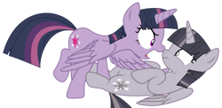 Size: 1745x849 | Tagged: safe, artist:twilyisbestpone, artist:wardex101, derpibooru import, edit, mean twilight sparkle, twilight sparkle, twilight sparkle (alicorn), alicorn, pony, angry, base used, clone, discorded, discorded twilight, duality, duo, duo female, evil, female, mare, nose wrinkle, pinned, scared, self paradox, self ponidox, simple background, transparent background, twilight tragedy, wide eyes, wings
