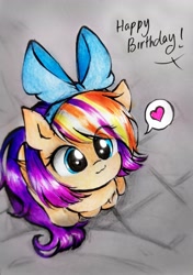 Size: 2296x3258 | Tagged: safe, artist:liaaqila, derpibooru import, oc, oc:qilala, pegasus, pony, bow, hair bow, heart, offscreen character, pegasus oc, solo focus, speech bubble, traditional art