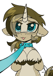 Size: 2311x3286 | Tagged: safe, artist:kotya, derpibooru import, oc, oc only, oc:valthonis, pony, unicorn, :p, collar, colored hooves, ears, eye clipping through hair, eyebrows, eyebrows visible through hair, floppy ears, horn, leash, looking at you, simple background, solo, tongue, tongue out, unicorn oc, unshorn fetlocks, white background