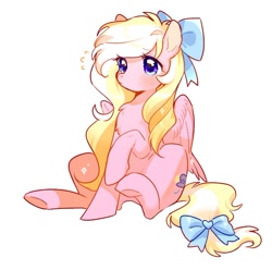 Size: 654x649 | Tagged: safe, artist:dreamsugar, derpibooru import, oc, oc only, oc:bay breeze, pegasus, pony, bow, chest fluff, eye clipping through hair, female, hair bow, mare, raised hoof, raised leg, simple background, sitting, solo, tail, tail bow, underhoof, white background, wings