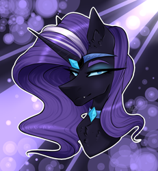 Size: 1200x1300 | Tagged: safe, artist:via2211, derpibooru import, nightmare rarity, pony, unicorn, blue eyes, bust, chest fluff, crepuscular rays, crown, digital art, eyelashes, eyeshadow, fangs, female, gem, grin, horn, jewelry, lidded eyes, long horn, looking at you, makeup, mare, moonlight, night, purple mane, regalia, smiling, smiling at you, solo