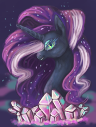 Size: 3000x4000 | Tagged: safe, artist:ayveena, derpibooru import, nightmare rarity, pony, unicorn, bust, crown, crystal, digital art, ethereal mane, eyelashes, eyeshadow, female, flowing mane, gem, green eyes, high res, horn, jewelry, looking at you, makeup, mare, purple mane, regalia, simple background, sky, smiling, smiling at you, solo, sparkles, starry mane, stars, teeth