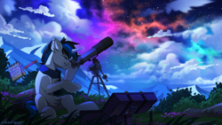 Size: 2500x1406 | Tagged: safe, artist:redchetgreen, derpibooru import, oc, oc only, oc:solar gizmo, pony, unicorn, mountain, night, notebook, pencil, solo, space, stargazing, stars, telescope