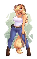 Size: 2208x3508 | Tagged: safe, artist:dandy, derpibooru import, applejack, anthro, earth pony, unguligrade anthro, applerack, arm behind head, belt, belt buckle, big breasts, boots, breasts, chest fluff, cleavage, clothes, cowboy boots, cowboy hat, denim, ear fluff, ears, female, freckles, grin, hair tie, hat, jeans, looking at you, mare, one eye closed, pants, rope, shoes, smiling, smiling at you, smirk, solo, stupid sexy applejack, tanktop, wink, winking at you