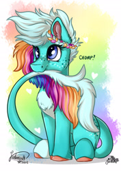 Size: 1920x2716 | Tagged: safe, artist:julunis14, derpibooru import, oc, oc only, earth pony, pony, biting, braid, chest fluff, chomp, coat markings, cute, digital art, female, fluffy mane, fluffy tail, freckles, leonine tail, rainbow tail, sitting, solo, tail, tail bite