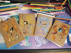 Size: 1152x864 | Tagged: safe, artist:julunis14, derpibooru import, derpy hooves, spitfire, sunset shimmer, trixie, pegasus, pony, unicorn, :p, bubble, bust, cape, clothes, colored pencil drawing, cutie mark, fire, food, muffin, notebook, one eye closed, portrait, tongue, tongue out, traditional art, wink