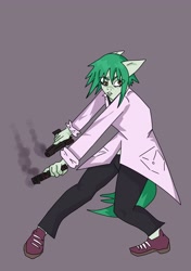 Size: 2885x4096 | Tagged: safe, artist:sleepymist, derpibooru import, oc, oc only, earth pony, clothes, dual wield, earth pony oc, gray background, gun, handgun, lab coat, pistol, scientist, simple background, smoke, solo, weapon