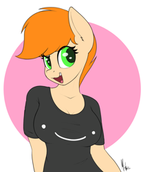 Size: 2000x2400 | Tagged: safe, artist:ponynamedmixtape, derpibooru import, oc, oc only, oc:squiggles, anthro, earth pony, anthro oc, clothes, female, mare, open mouth, shirt, short hair, simple background, solo, t-shirt, tomboy