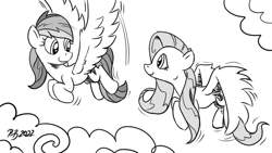 Size: 1200x675 | Tagged: safe, artist:pony-berserker, derpibooru import, fluttershy, rainbow dash, pegasus, pony, pony-berserker's twitter sketches, cloud, female, flutterdash, flying, lesbian, looking at each other, looking at someone, mare, monochrome, pony-berserker's twitter sketches (2022), shipping