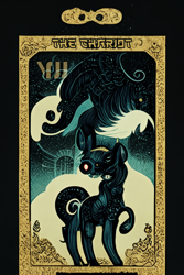 Size: 1024x1536 | Tagged: safe, artist:gnosys, derpibooru import, generator:midjourney, machine learning generated, part of a set, cyclops, pony, robot, robot pony, fanfic:revanchism, abstract, fanfic art, major arcana, tarot card, the chariot