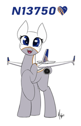 Size: 1485x2298 | Tagged: safe, artist:ponynamedmixtape, derpibooru import, oc, oc only, oc:0750, original species, plane pony, boeing 737, female, happy, looking at you, plane, simple background, solo, transparent background, united airlines
