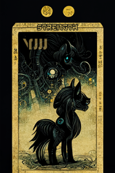 Size: 1024x1536 | Tagged: safe, artist:gnosys, derpibooru import, generator:midjourney, machine learning generated, part of a set, pony, fanfic:revanchism, abstract, fanfic art, machine learning abomination, major arcana, strength, tarot card