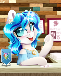 Size: 4000x5000 | Tagged: safe, artist:rainbowfire, derpibooru import, oc, oc only, fluffy pony, pony, unicorn, background, beautiful, bipedal, blue eyes, blue mane, blushing, chest fluff, clothes, complex background, confused, cute, decoration, desk, desktop, detailed, detailed background, diamond, dress, dressup, ear fluff, ear piercing, earring, ears, emblem, female, fluffy, frog (hoof), gold, hooves, horn, jewelry, looking at you, mare, medallion, necklace, open mouth, paper, photo, piercing, raised hoof, raised leg, saloon, say anything, smiling, smiling at you, solo, standing, towel, tree, underhoof, wall, white