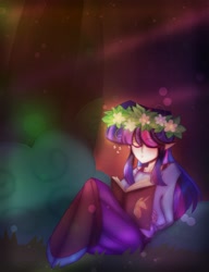 Size: 1738x2264 | Tagged: safe, alternate version, artist:mipdiamond, derpibooru import, twilight sparkle, human, book, bra, bra strap, clothes, cute, elf ears, female, flats, floral head wreath, flower, grass, humanized, shirt, shoes, skirt, sleeping, solo, stockings, thigh highs, tree, twiabetes, underwear