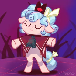 Size: 2048x2048 | Tagged: safe, artist:pfeffaroo, derpibooru import, cozy glow, pegasus, pony, bell, bipedal, cape, clothes, crossover, crown, cult of the lamb, jewelry, regalia, solo