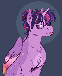 Size: 1086x1337 | Tagged: safe, artist:eggoatt, derpibooru import, twilight sparkle, twilight sparkle (alicorn), alicorn, pony, chest fluff, glasses, hair up, solo, tongue, tongue out