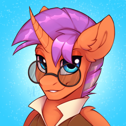 Size: 3000x3000 | Tagged: safe, artist:argigen, derpibooru import, oc, oc only, oc:glorious morning, alicorn, pony, alicorn oc, clothes, glasses, high res, horn, looking at you, male, simple background, smiling, smiling at you, solo, wings