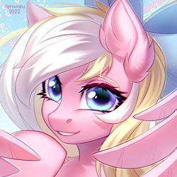 Size: 2000x2000 | Tagged: safe, artist:fenwaru, derpibooru import, oc, oc only, oc:bay breeze, pegasus, pony, bow, cute, female, hair bow, happy, looking at you, mare, pegasus oc, wings