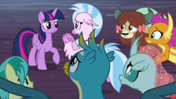 Size: 1277x718 | Tagged: safe, derpibooru import, screencap, gallus, ocellus, sandbar, silverstream, smolder, twilight sparkle, twilight sparkle (alicorn), yona, alicorn, changedling, changeling, classical hippogriff, dragon, earth pony, griffon, hippogriff, pony, yak, uprooted, student six