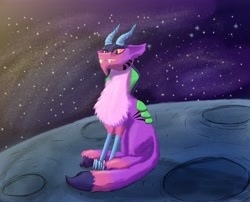 Size: 2762x2230 | Tagged: safe, artist:gosha305, derpibooru exclusive, derpibooru import, idw, cosmos (character), draconequus, detailed background, full body, horns, moon, sitting, space, stars