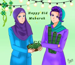 Size: 1661x1429 | Tagged: safe, artist:lencai123, derpibooru import, rarity, starlight glimmer, human, duo, eid mubarak, female, hijab, humanized