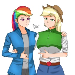 Size: 1080x1080 | Tagged: safe, artist:lencai123, derpibooru import, applejack, rainbow dash, human, appledash, clothes, duo, female, humanized, lesbian, shipping, simple background, white background