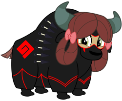 Size: 3500x2900 | Tagged: safe, artist:ponygamer2020, derpibooru import, yona, yak, school daze, :p, clothes, cloven hooves, crossover, cute, female, happy, kunai, looking at you, monkey swings, ninja, nose, randy cunningham: 9th grade ninja, scarf, silly, simple background, solo, suit, transparent background, vector, weapon, yonadorable