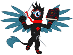 Size: 4200x3200 | Tagged: safe, artist:ponygamer2020, derpibooru import, gallus, griffon, school daze, book, claws, clothes, crossover, cute, east asia, gallabetes, japan, kobudoka, looking at you, male, martial arts, ninja, ninjanomicon, okinawan kobudo, randy cunningham: 9th grade ninja, sai, scarf, simple background, solo, spread wings, suit, transparent background, vector, weapon, wings