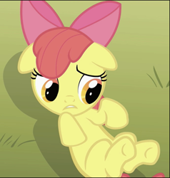 Size: 690x724 | Tagged: safe, derpibooru import, screencap, apple bloom, earth pony, pony, the show stoppers, adorabloom, cropped, cute, ears, female, filly, floppy ears, foal, lying down, solo