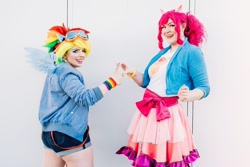 Size: 1080x720 | Tagged: safe, artist:roseygcosplay, derpibooru import, pinkie pie, rainbow dash, human, clothes, cosplay, costume, duo, goggles, irl, irl human, multicolored hair, photo, rainbow hair