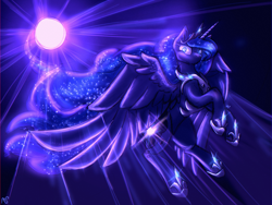Size: 2048x1536 | Tagged: safe, artist:mystyswirl, derpibooru import, princess luna, alicorn, pony, blue mane, blue tail, crown, digital art, ethereal mane, feather, female, flowing mane, flowing tail, flying, gem, glowing, high res, hoof shoes, horn, jewelry, looking at you, mare, moon, moonlight, night, peytral, redraw, regalia, signature, sky, solo, sparkles, spread wings, starry mane, starry tail, tail, wings