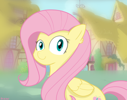 Size: 3800x3000 | Tagged: safe, artist:reinbou, derpibooru import, fluttershy, pegasus, pony, looking at you, ponyville, smiling, solo