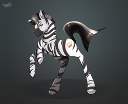 Size: 1600x1300 | Tagged: safe, artist:icy_passio, derpibooru import, oc, oc only, oc:lost way, zebra, artwork, cutie mark on non-pony, male, pink eyes, pose, raised hoof, raised leg, raised tail, simple background, smiling, smirk, smug, solo, stallion, stripes, tail, zebra oc