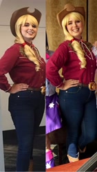 Size: 2304x4096 | Tagged: safe, artist:maddymoiselle, derpibooru import, applejack, human, babscon, babscon 2019, belt, belt buckle, clothes, cosplay, costume, cowgirl, cowgirl outfit, denim, everfree northwest, everfree northwest 2019, irl, irl human, jeans, pants, photo
